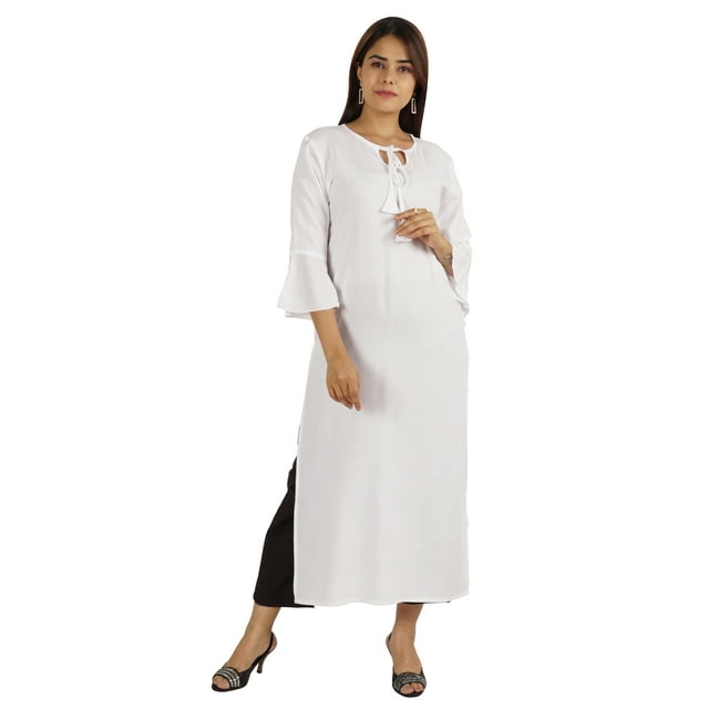 Moomaya Kurta en Rayonne Solide pour Femmes Manches Cloche Col à Cordon Kurti Ethnique Long