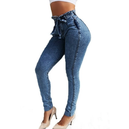Women Juniors High Waisted Wash Tassel Belt Skinny Jeans Plus Size Denim Stretchy Slim Drawstring Elastic Trousers (The Best Skinny Jeans For Guys)