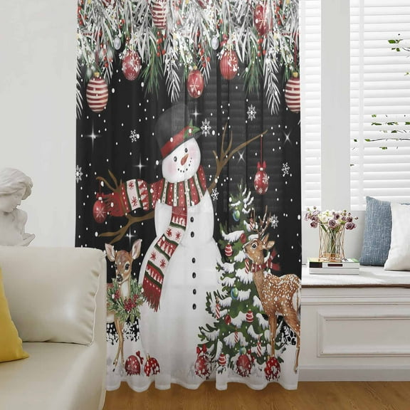 Black Christmas Semi Sheer Curtains Drapes for Living Room, Bedroom, French Doors Window 54 Inches Long, Snowman Xmas Tree Ball Elk Snowflake Rod Pocket Chiffon Curtain Drapery Voile Draperies Panel