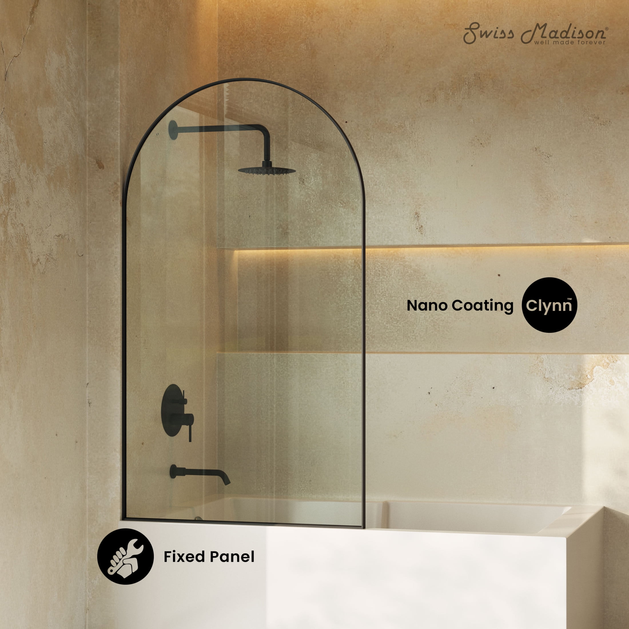 Porte 34 x 58 Framed Fixed 3/8 in. (10mm) Clear Tempered Glass Tub Door with Black Matte Frame