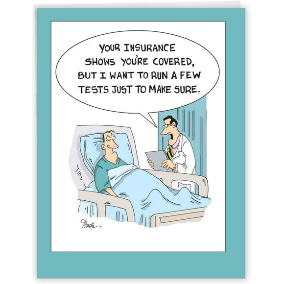 Insurance Tests' Jumbo Get Well Card w/Envelope 8.5 x 11 Inch - Funny Comic, Doctor and Patient Medical Exams Cartoon