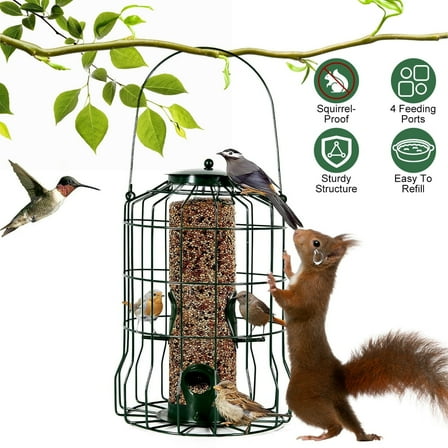 Moclever Outdoor Wild Bird Feeder Squirrel-Proof Chew Proof Metal Hanging Seed Feeder with 4 Feeding Ports for Small Songbirds, Green