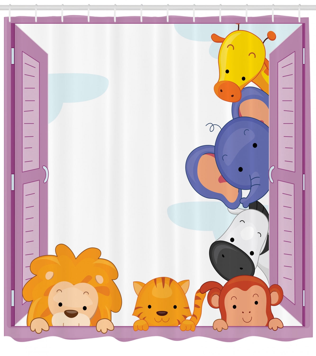 Animal Shower Curtain Cartoon Elephant Lion Print for Bathroom