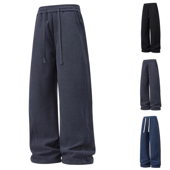 BXSRUTA Men's Casual Knitted Pants Elastic Waist Drawstring Loose Fit Straight Leg Trousers Solid Color Versatile Bottoms