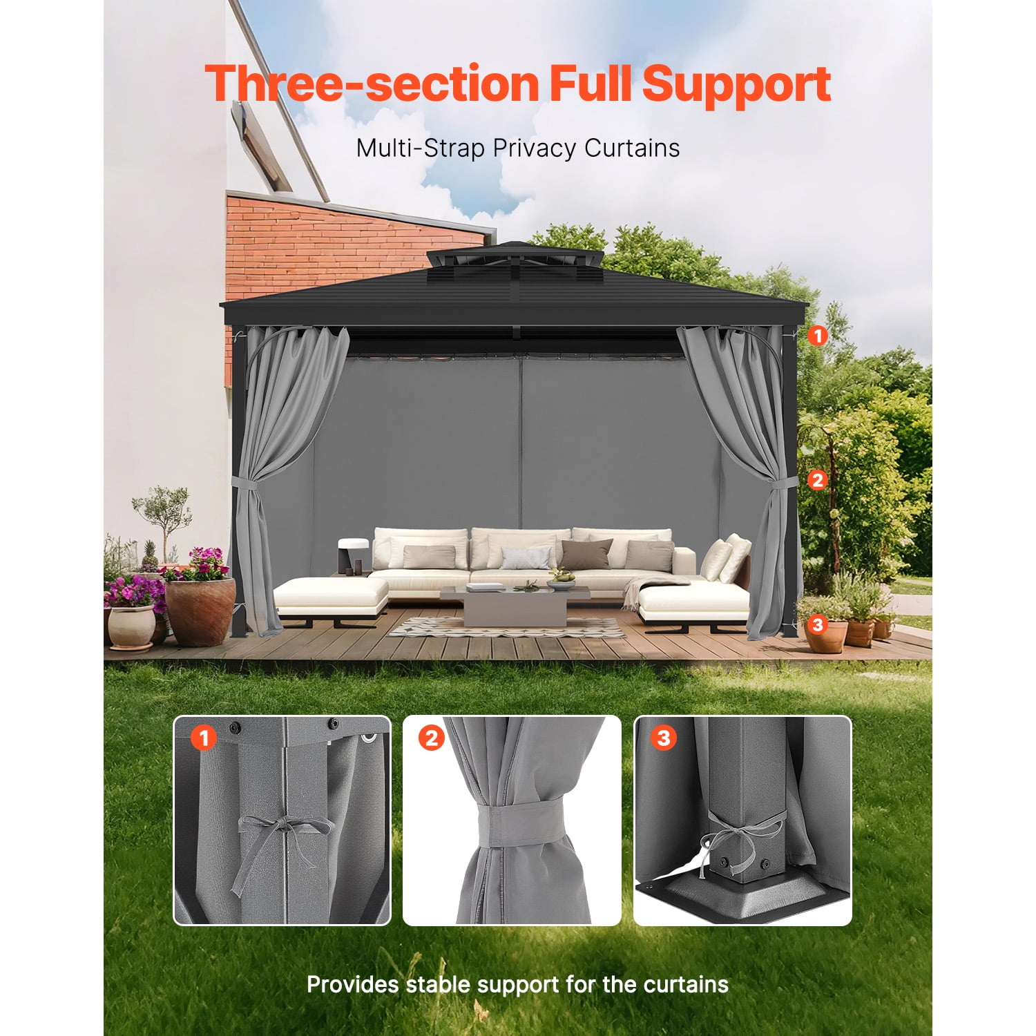 KFFKFF Outdoor Gazebo Privacy Curtains, 12' x 10' x 6.7', 4-Panel Sidewalls with Zippers, Replacement Curtains for Patio Canopy, Gray (Curtains Only)