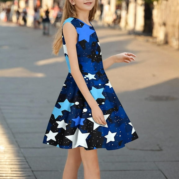 Delliss Girls Dresses Sleeveless Summer Casual Round Neck Sundress Star Print A Line Twirly Skater Dresses
