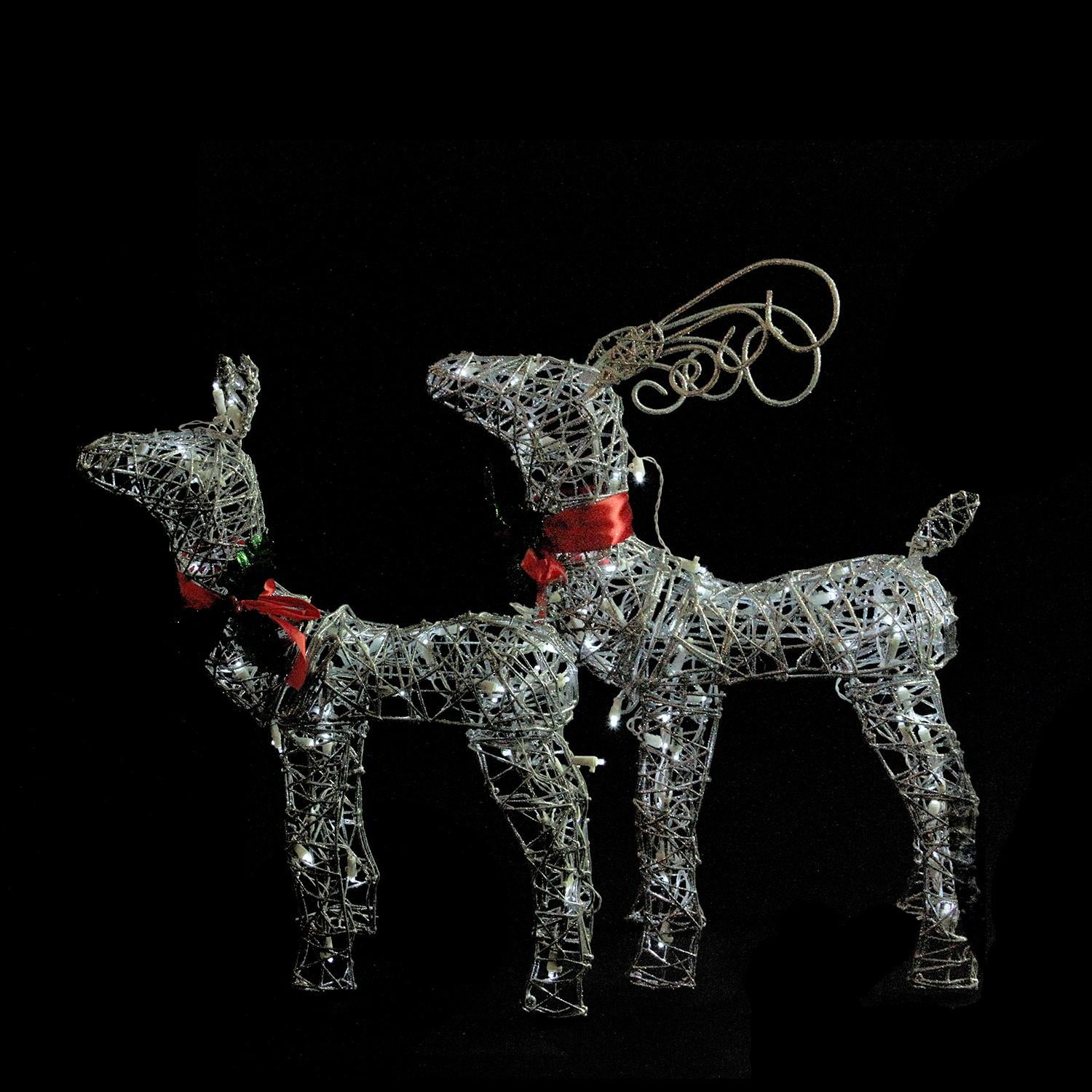 Set of 2 LED Lighted Silver Glitter Buck and Doe Reindeer
