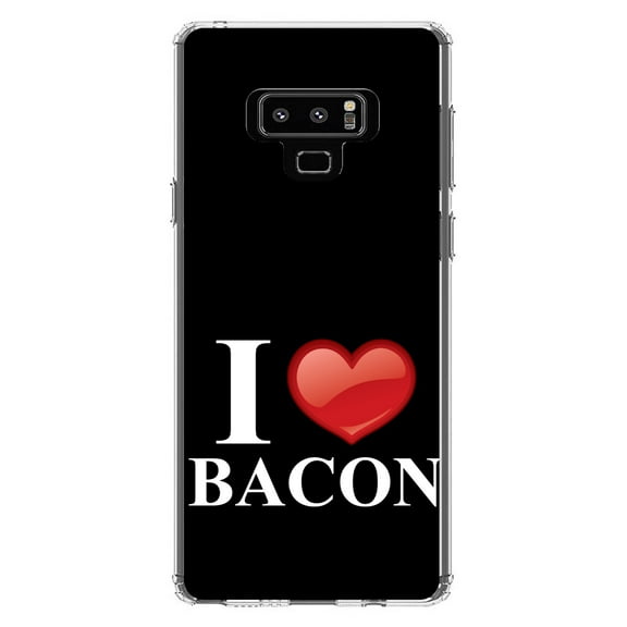 DistinctInk Clear Shockproof Hybrid Case for Samsung Galaxy Note 9 - TPU Bumper, Acrylic Back, Tempered Glass Screen Protector - Black White Red I Heart Bacon - Bacon