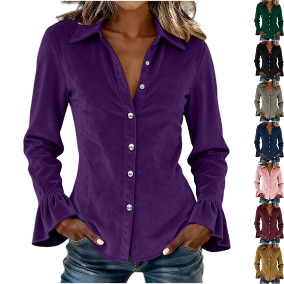 Womens Velvet Button Down Shirts Velour Flounce Long Sleeve Lapel Collared Slim Fit Dressy Blouse for Business Casual Work Office Fall Fashion, Purple, XL