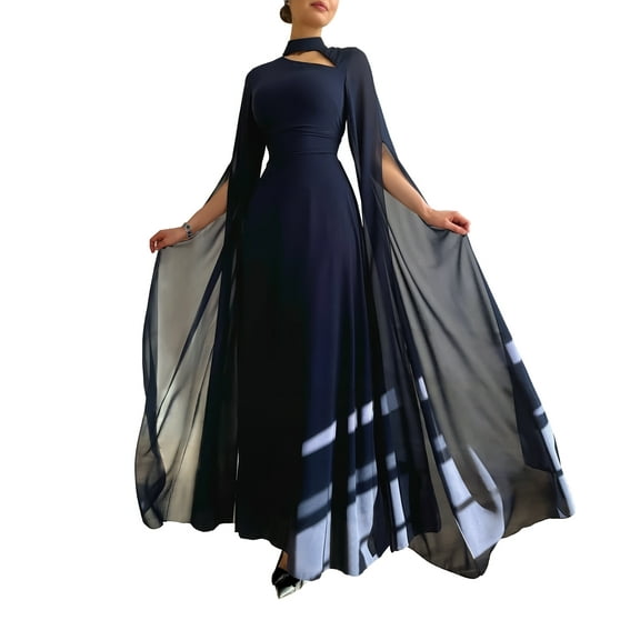 PAOLA RIBONI Elegant Long Sleeve Wedding Guest Dress in Classic Black, Modest 1pc Evening Gown with Cape Sleeve for Women, Perfect for Formal Occasions