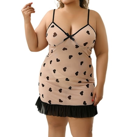 LapaPlus Women Plus Size Lingerie Heart Printed Mesh Babydoll Chemise Sleepwear 5XL