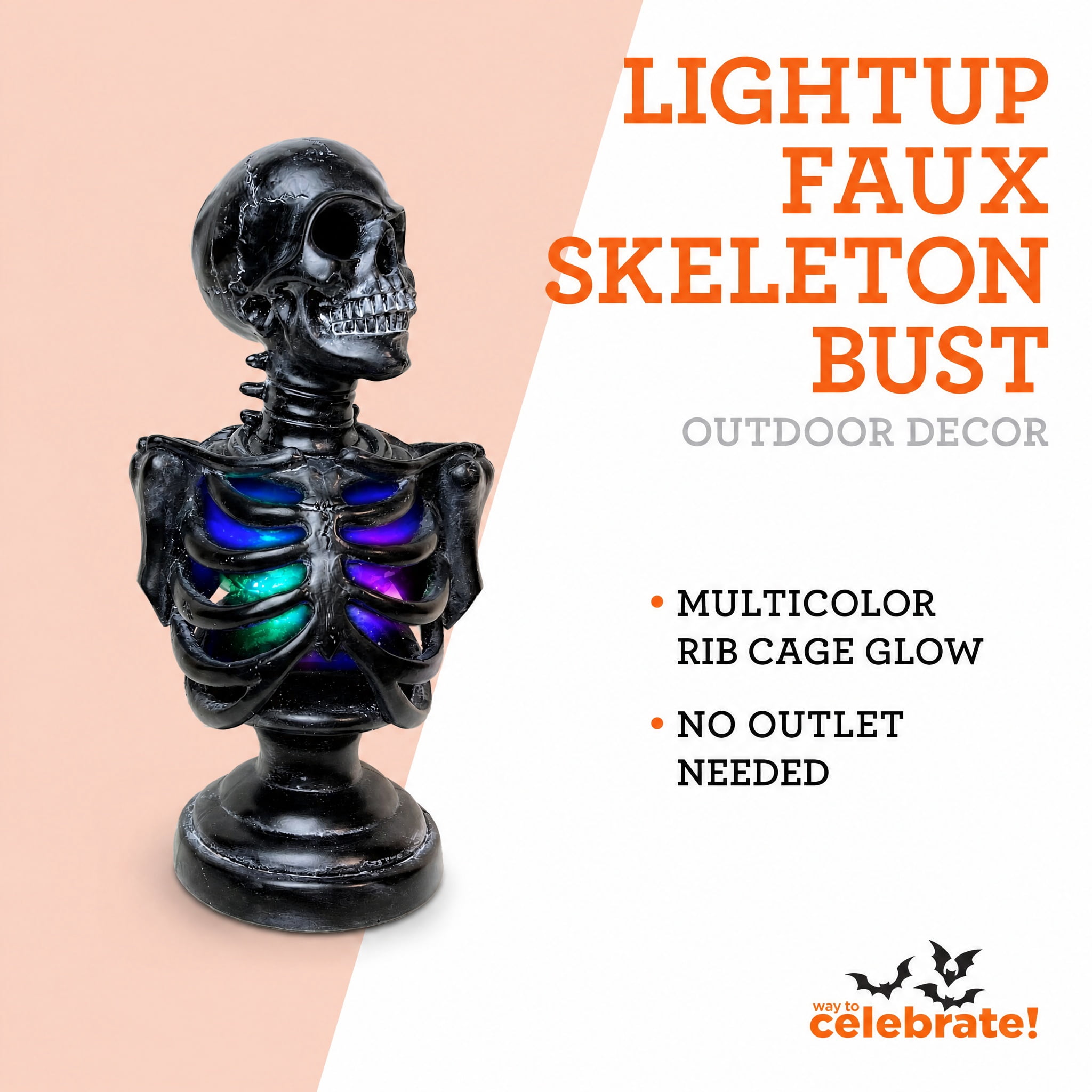 Light-Up Battery-Operated Faux Skeleton Bust, Black, 12", Halloween by Way To Celebrate
