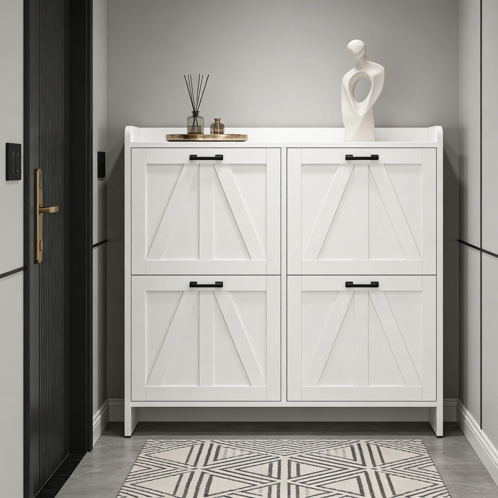 White Shoe Cabinet with 4 Flip Drawers, Modern Slim Entryway Shoe Storage Organizer with Barn Door Design for Hallway Living Room