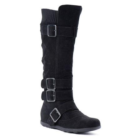 Women's Knee High Mid Calf Boots Ruched Suede Slouch Knitted Calf Buckles (Elma-02, Black