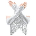 thumbnail image 5 of Kaerm Women 2Pcs Glittery Latin Dance Outfit Cross Front Tassel Leotard with Metallic Gloves Silver XL, 5 of 7