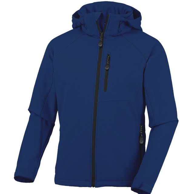 Mens' Warm Water Repellent Softshell Snowboard Jacket with removable hood in a deep blue color. This softshell jacket features waterproof zippers, adjustable arm straps, and nine utility pockets, including two warm hand pockets and one chest pocket. Made from soft, stretch fleece-lined fabric for warmth and breathability. Ideal for skiing, snowboarding, hiking, and casual wear during cold seasons.