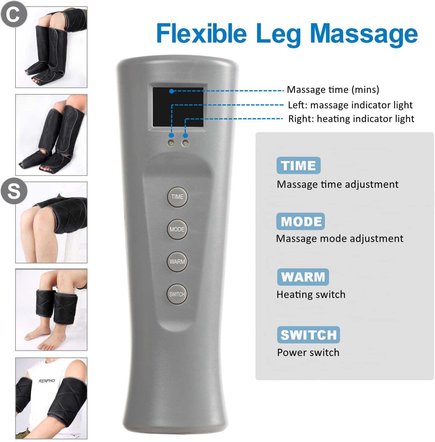 Miumaeov 100W Air Compression Leg Massager Device Massage Therapy Machine Unisex, Size: Thigh Diameter :64CM, White