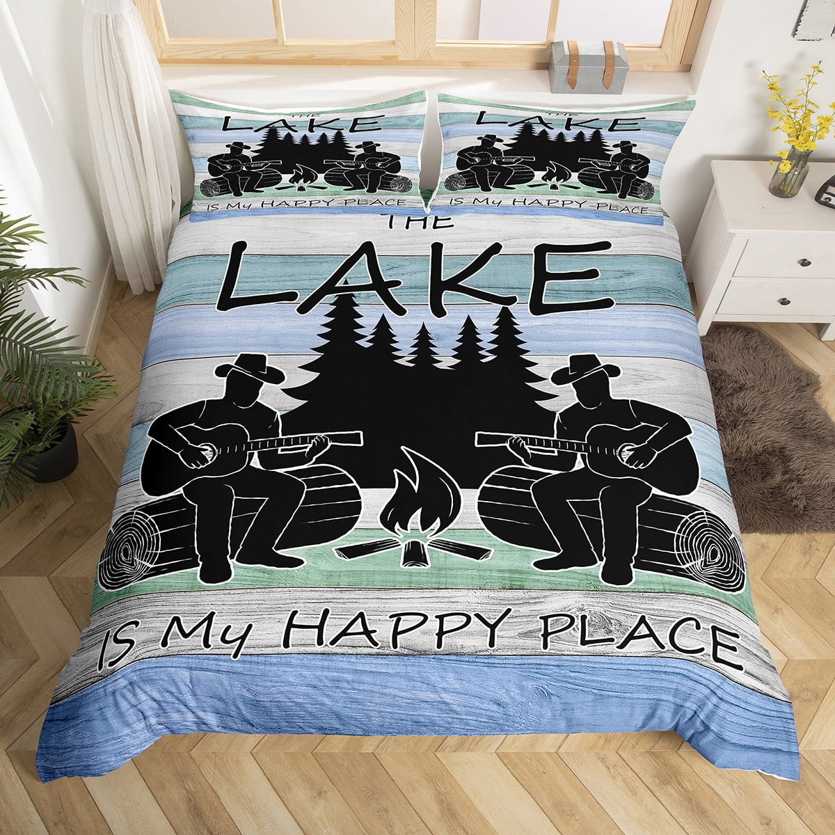 Lake Bedding Set Queen,Rustic Farmhouse Wooden Board Comforter Cover