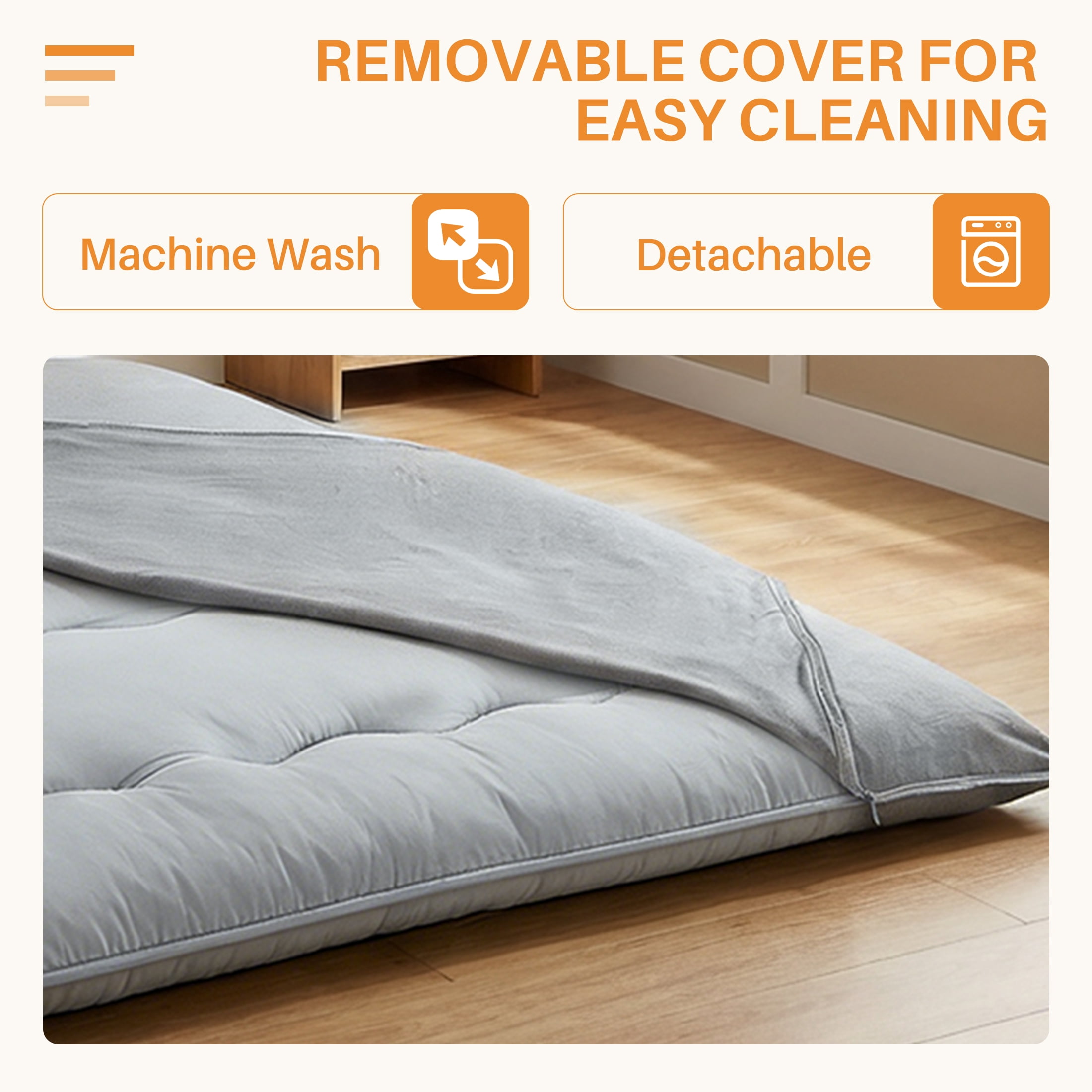 EDX Japanese Floor Futon Mattress Toppers, Foldable Tatami Mat, Thick Sleeping Mattress Pad with Storage Bag & Dust Cover, Gray, Full