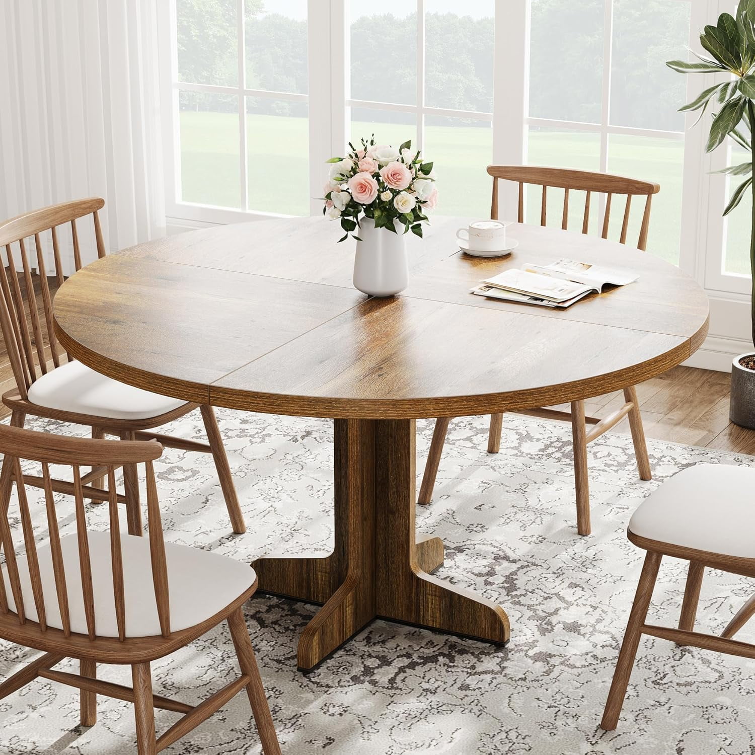 GAOMON 47 inch Round Dining Table for 4-6 People, Farmhouse Circle Kitchen Table with Wooden Table Top and Legs, Dinner Table for Dining Room Living Room, Brown (Only Table)