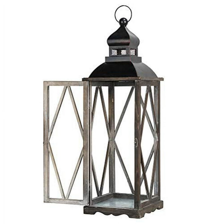 HOMCOM 2 Pack 31/22 Large Rustic Lantern Decorative, Hanging Wooden Metal  Indoor/Outdoor Lantern for Home Decor (No Glass), Black and Distressed  Natural Wood Color 