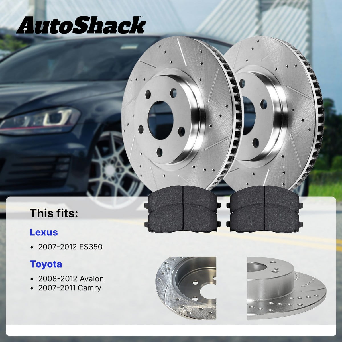 AutoShack Rear Brake Rotors & Ceramic Pads for Toyota, Camry 2007-2011, FWD L4 2.4L 2.5L V6 3.5L - Silver Zinc Coated Drilled & Slotted - SilverShield Pro - 11.05" (280.6 mm), 5-Lug