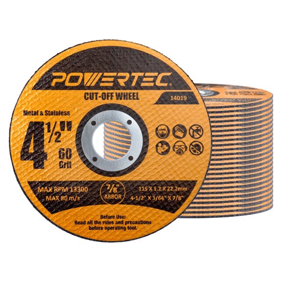 POWERTEC 25 PK 4-1/2" Cut Off Wheels, 1/16" Thick with 7/8" Arbor, Metal & Stainless Steel Cutting Wheel for Angle Grinder, Iridium-Coated Aluminum Oxide 60 Grit (14019N)