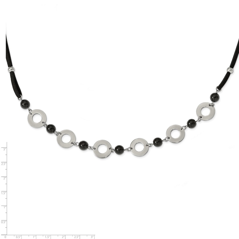 Stainless Steel Fancy Necklace Chain Polished w/Black Agate w/1.5in ext Leather Cord 27 inch