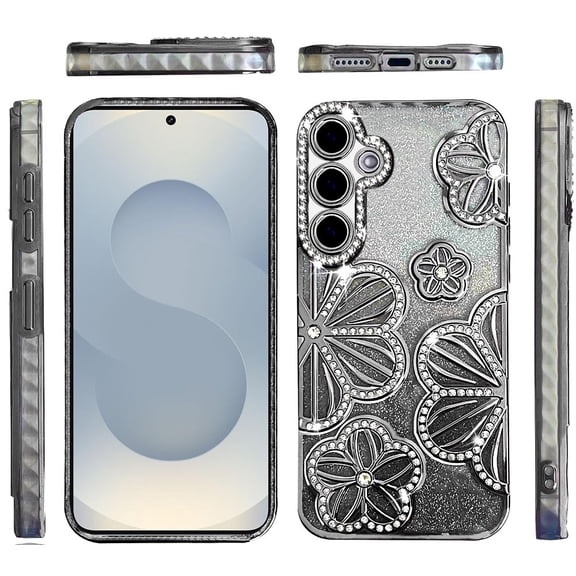 XPM for Samsung Galaxy S26 Phone Case, Luxury Flower Design Sparkle Glitter Diamond Rhinestone Shimmer Bling Plating Thick TPU Hard PC Cover for Samsung s26 (Black)