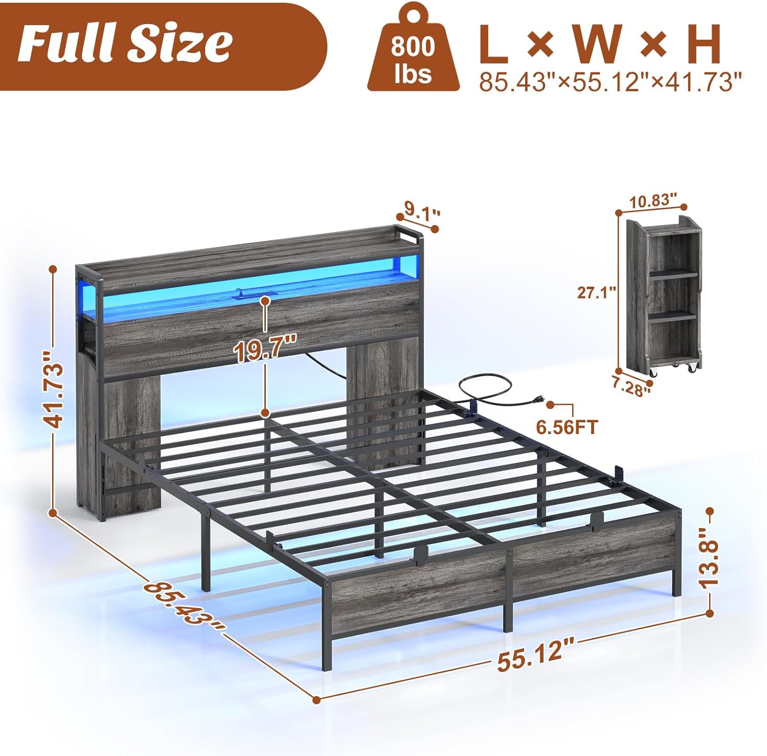 Homieasy Full Size Bed Frame with Headboard & Dual Side Slide Storage Cabinet, Full Bed with Power Outlets & LED Lights, Heavy Duty Platform Metal Bed Frame, Noise Free, Black Oak