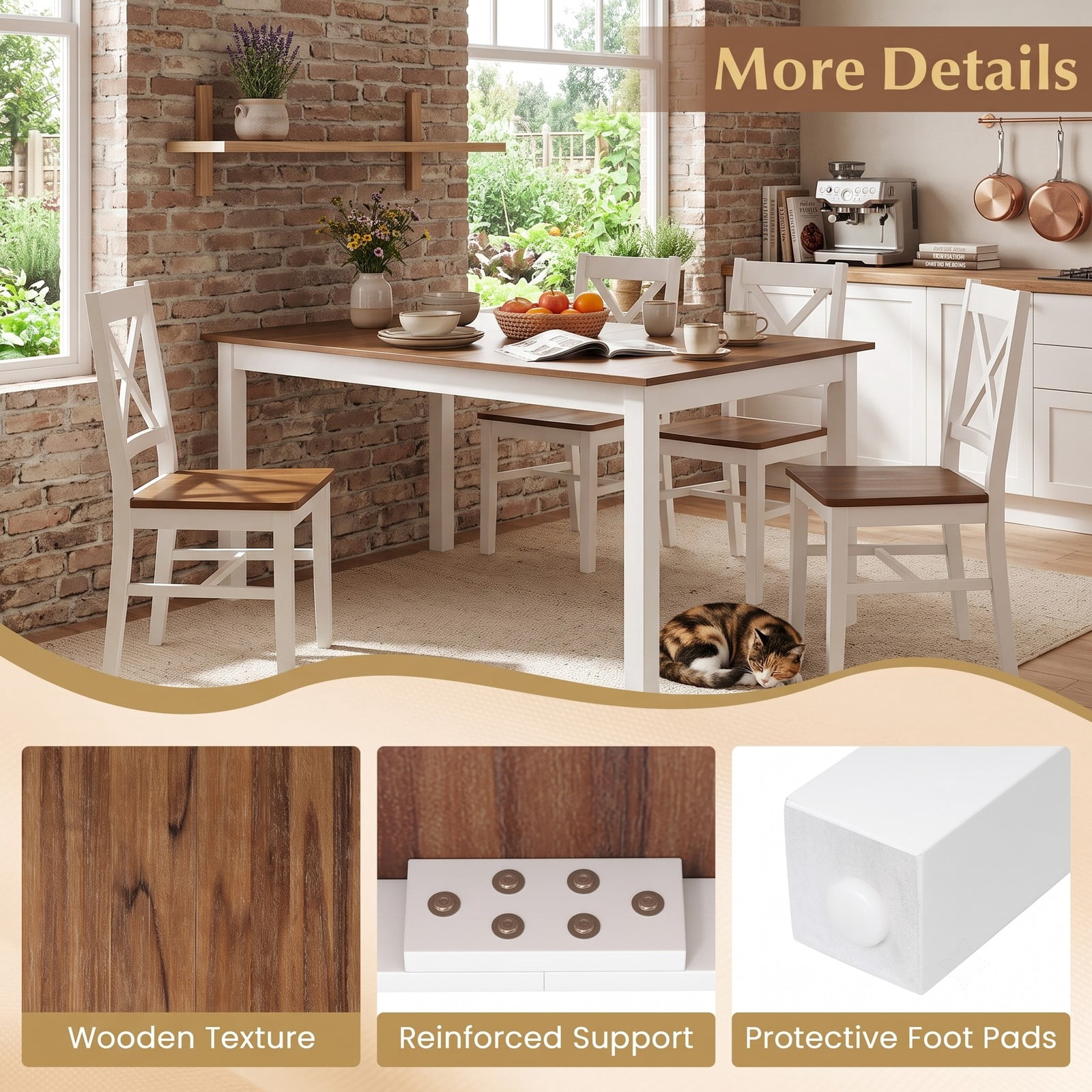 Furnibear 60 Inch Rectangular Dining Table for 6, Kitchen Dinner Table with Solid Rubber Wood Legs and Spacious Wood Grain Tabletop for Dining Room Restaurant, Brown