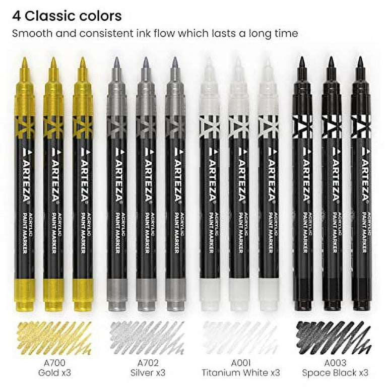 Arteza Acrylic Paint Markers, Set of 12 Metallic Marker Pens, 3 Gold, 3  Silver, 3 Black, 3 White, Extra-Fine Nibs, 15mm, for Stone, Glass, and Wood  