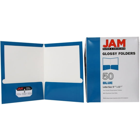 JAM Paper Glossy Two Pocket Folders, Blue, 50 per Pack