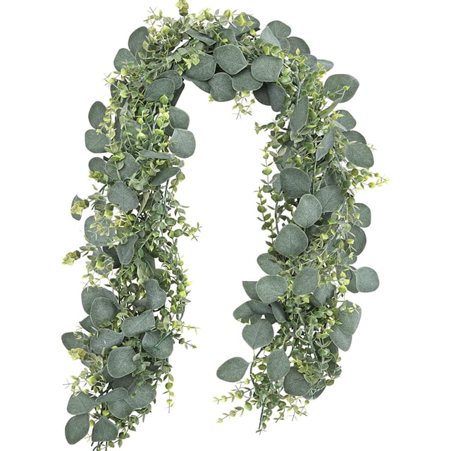 Nvzi Guirnalda de eucalipto artificial de 1,6 m, paquete de 2, con hojas de eucalipto de plata falsas, para decoración de pared, bodas, fiestas y hogares.