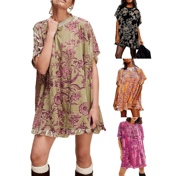 ワンピース FLOWER PRINT VELOUR DRESS Gupgi Women Velvet Floral Dress Bohemian Short Sleeve Dress
