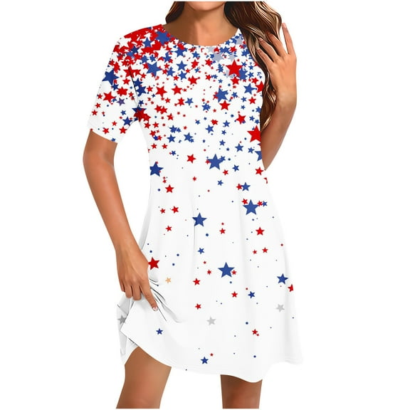 Cmfcve Patriotic Dress for Women Casual Short Sleeve Round Neck Printed Midi Dress Summer Stars Stripes Beach Dresses
