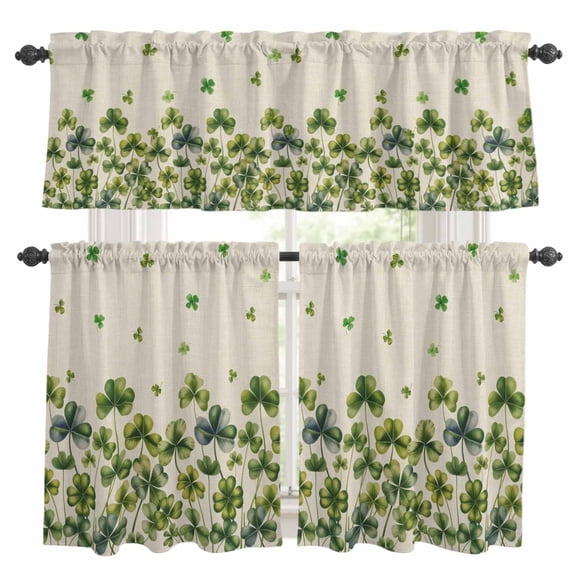St. Patrick's Day Kitchen Curtains Sets for Windows 24 Inch Length, Spring Green Shamrock Botanical Beige Rod Pocket Window Treatments Tier Curtains and Valances Set for Bedroom/Bathroom