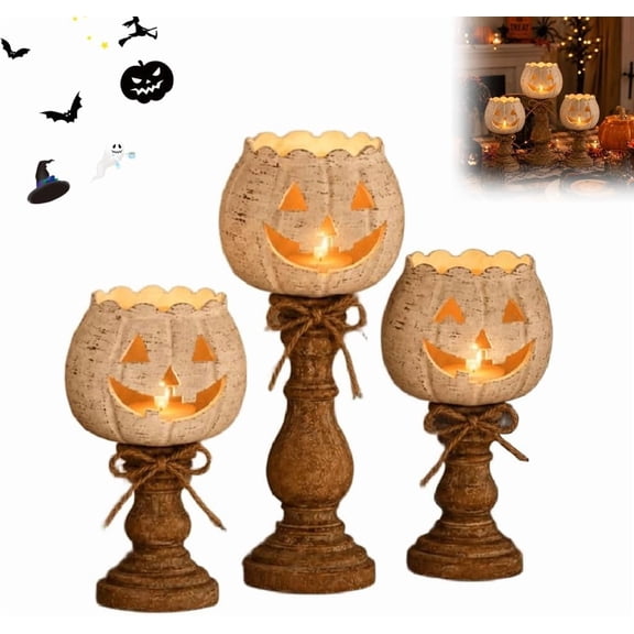 Set of 3 White Pumpkin Tealight Candle Holders, Rustic Farmhouse Fall Centerpiece with Wood Base & Jute Bow, Halloween Thanksgiving Table Decor for Mantel Shelf