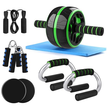 Odoland 6-in-1 Large Size AB Wheel Roller Set with Push Up Bars Gliding Discs Jump Rope Hand Exerciser Knee Pad, Home Gym Workout Set for Body