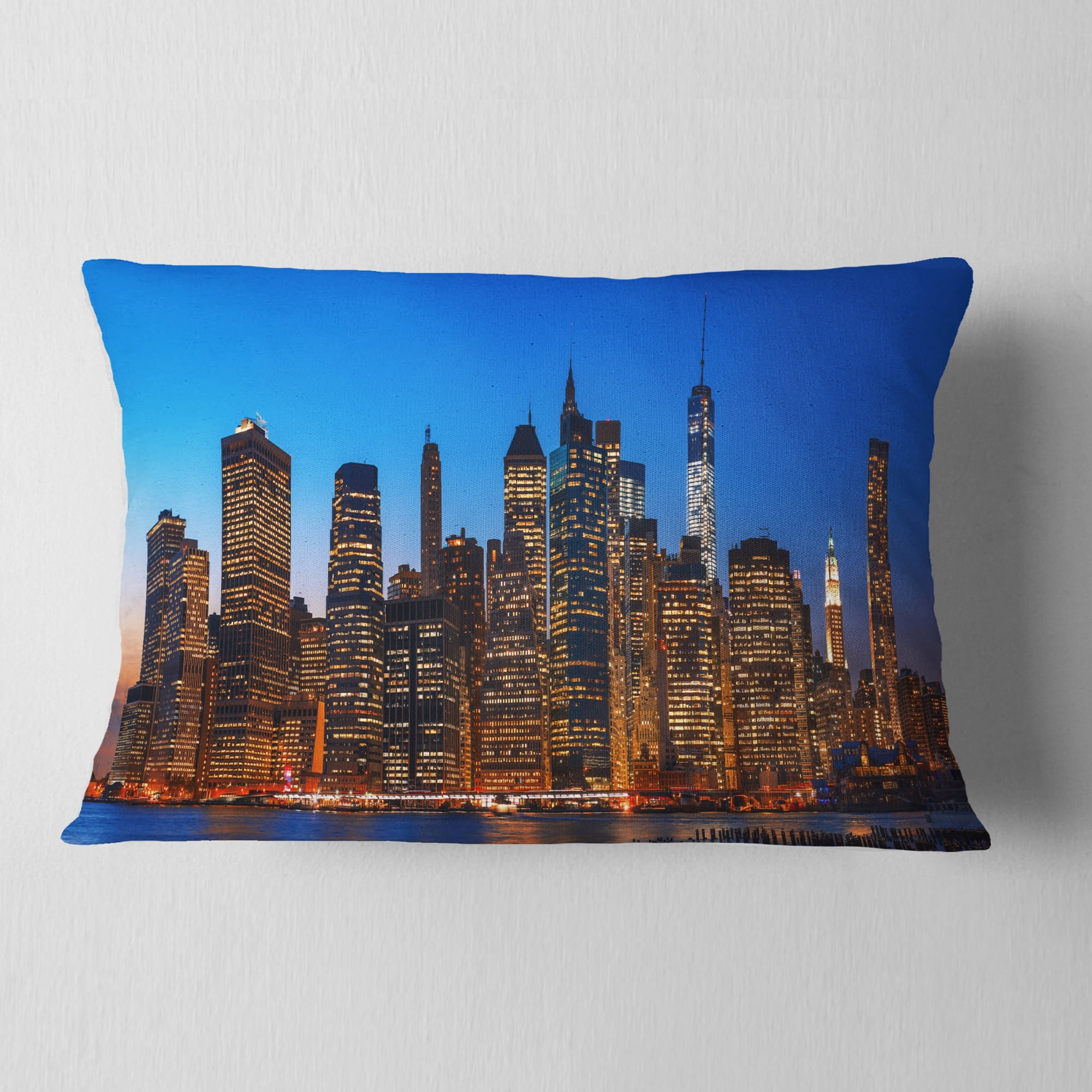 Designart Night New York City Panorama - Throw Pillow - 12x20