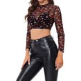 thumbnail image 5 of INSPIRE CHIC Valentine's Day Women's Crop Top Semi-Sheer Mesh Long Sleeve Crew Neck Blouse XS Black Floral, 5 of 7