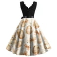 thumbnail image 3 of LWavelet Women's Sleeveless Scalloped Neck Fit-and-Flare Dress, Pastel Easter Egg & Floral Print with Satin Bow Belt for Holiday & Party Outfits Beige S, 3 of 4