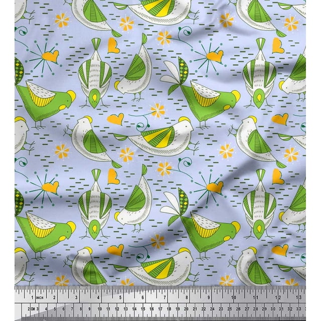 Soimoi Polyester Crepe Fabric Floral & Bird Cartoon Print Fabric by Yard 42 Inch Wide