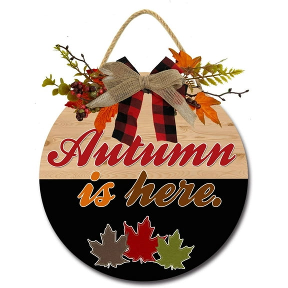 Eveokoki 12" Autumn Is Here Wooden Door Sign, Welcome Front Door Plaque Hanger Home Decoration for Farmhouse Office Coffee Shop,Hanging Sign Board with Hanging String for Home Decor