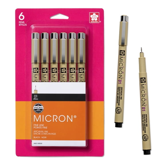 Sakura Pigma Micron Fineliner Pens - Archival Black Ink Pens - Pens for Writing, Drawing, or Journaling - Black Ink - 01 Point Size - 6 Pack