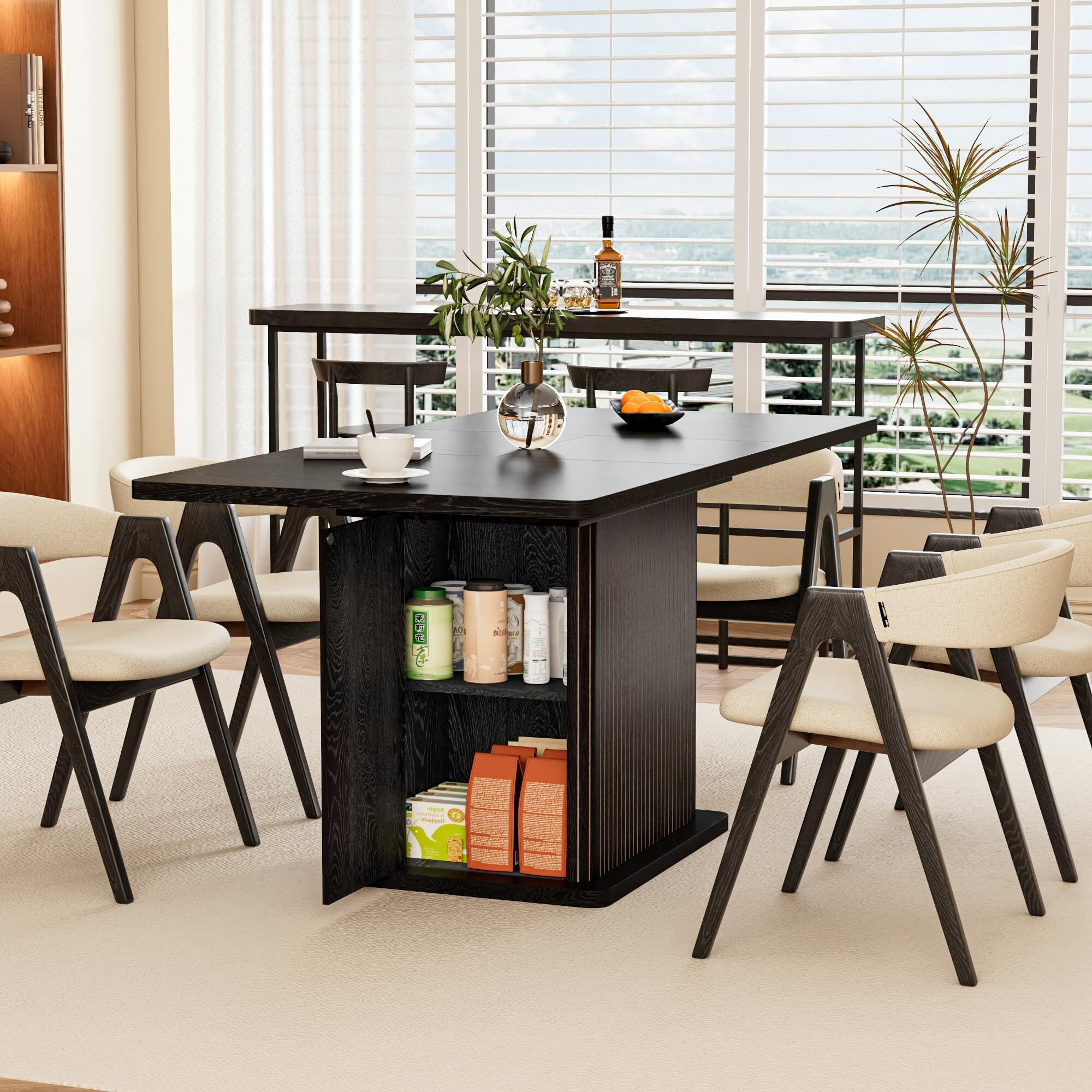 Extendable Black Dining Table 47-65", Seats 4-6, Fluted Wood Kitchen Table with Storage, Mid Century Modern, Black