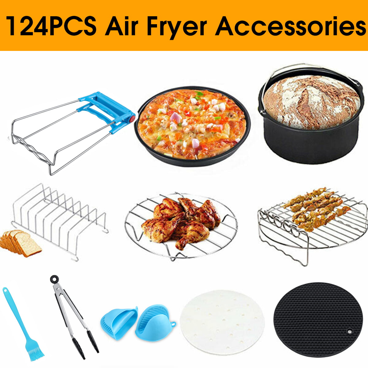 13PCS Air Fryer Accessories 7 Inch Fits All 3.7QT 4.2QT 5.3QT for Phillips and Cozyna Air Fryer Including Cake/Pizza Pan,Metal Bracket,Baking Rack,Silicone Mat 