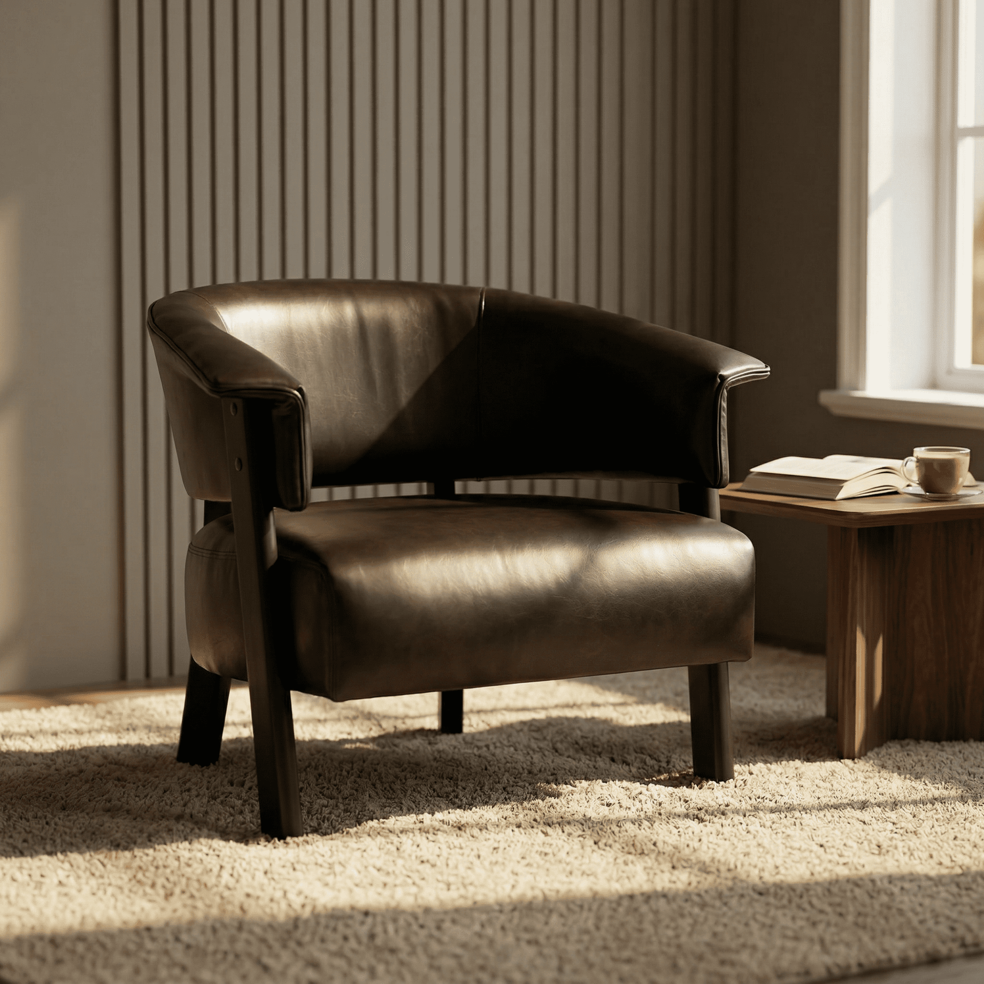 Leumius Faux Leather Wingback Accent Chair, Wrap-Around Back Upholstered Armchair with Solid Wood Legs, Single Sofa Reading Chair for Bedroom Living Room, Brown