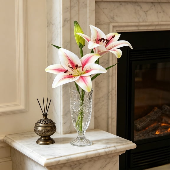 Beforeyayn 2 Pcs Artificial Lily Flowers, Real Touch Fake Silk Lilies with Stems, Pink and White Stargazer Lily for Home Decor, Wedding Centerpieces, Table Settings (35Cm/13.77In)