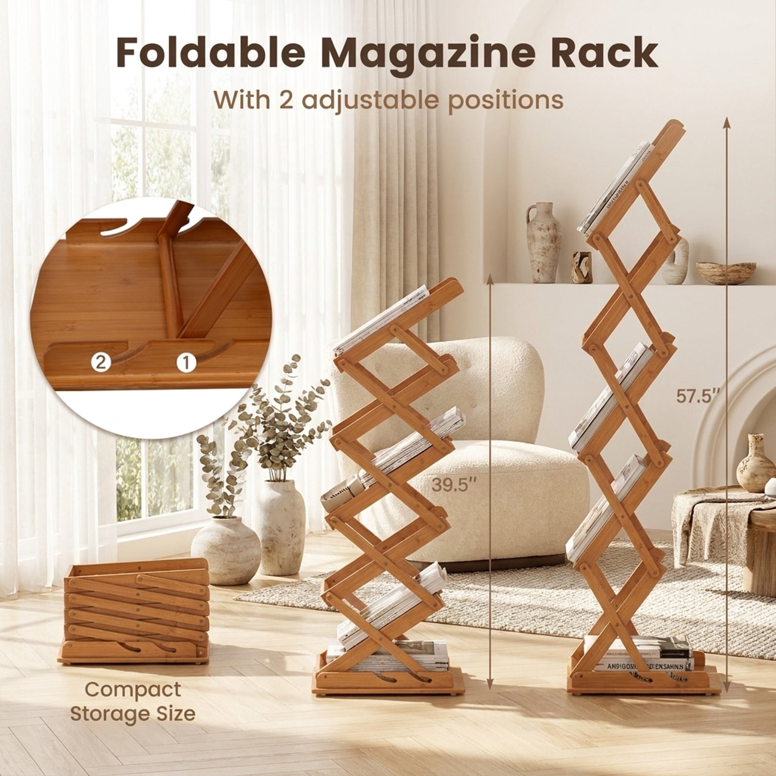 Furnibear Foldable Bamboo Magazine Rack with 2 Adjustable Positions for Living Room Home Office Bedroom Display Storage Shelf, Walnut